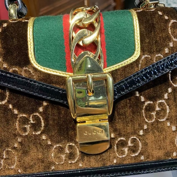 N16 Slightly Used Gucci Sylvie Brown velvet small shoulder straps Bag - Picture 12 of 15